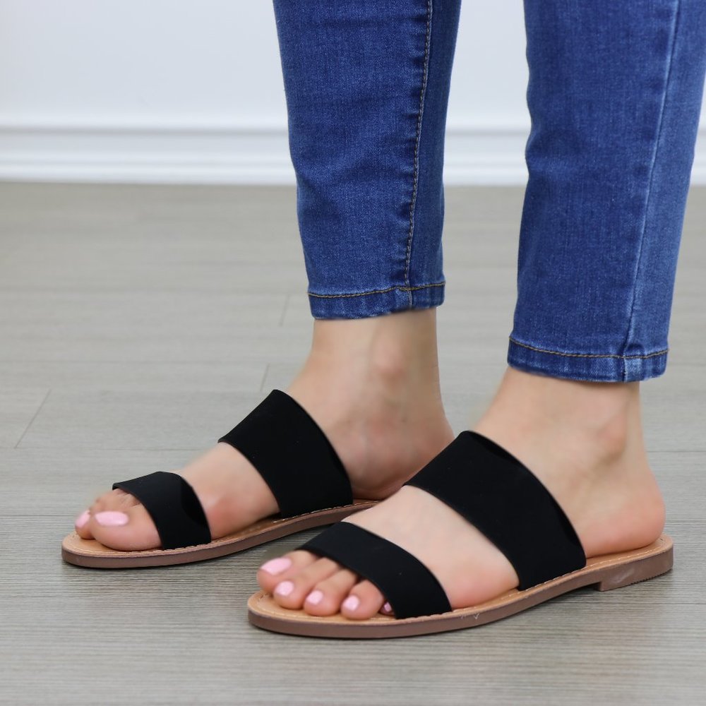 Slip On 2 Strap Flat slider Sandal Black Velvet - Picture 6 of 10